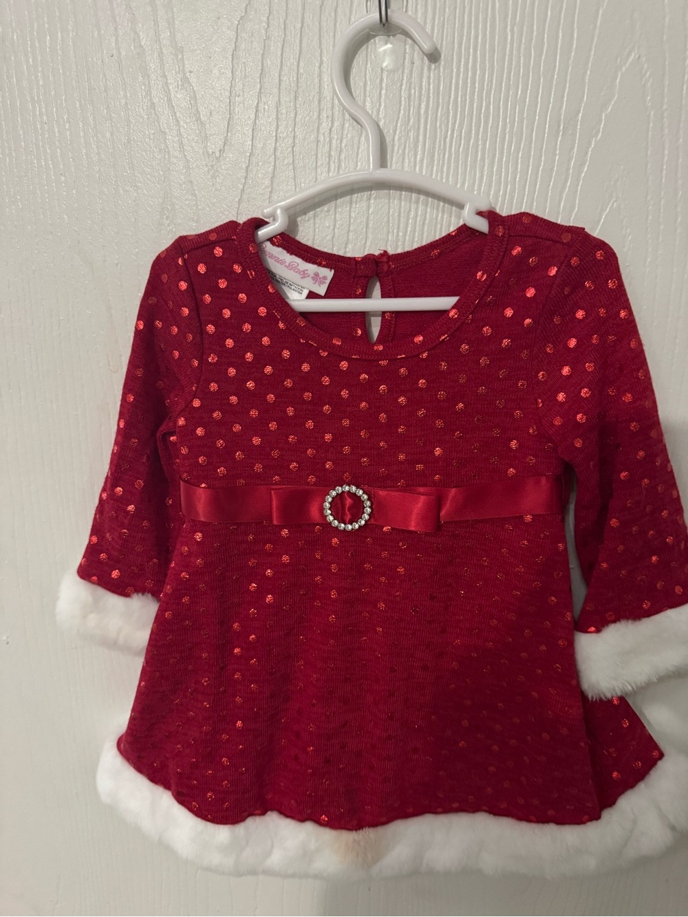 Bonnie Baby Girls 6-9M Red Christmas Santa Dress Faux Fur Metallic Polka Dot
